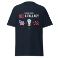 Navy t-shirt with the Slippery Slope Not A Fallacy design and three political icons