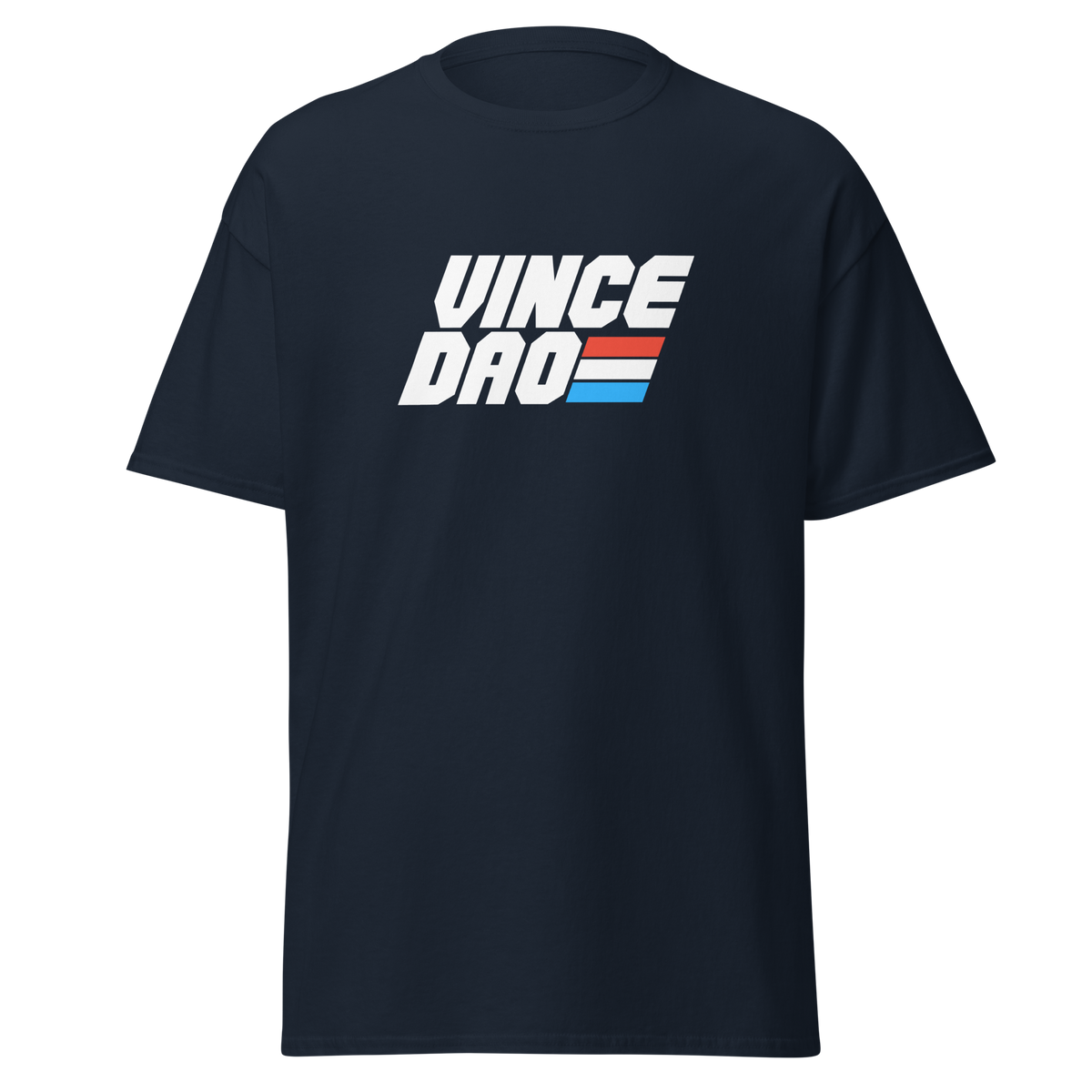 Navy t-shirt with the bold Vince Dao block logo in white with red and blue bars
