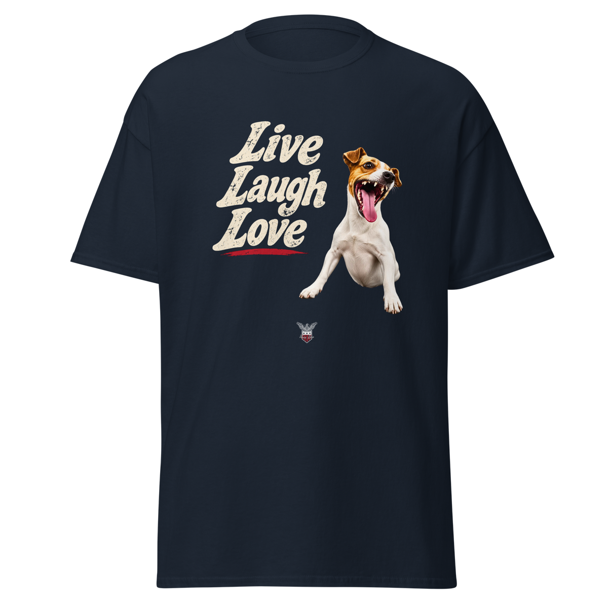Navy t-shirt with the Live Laugh Love design and a laughing dog