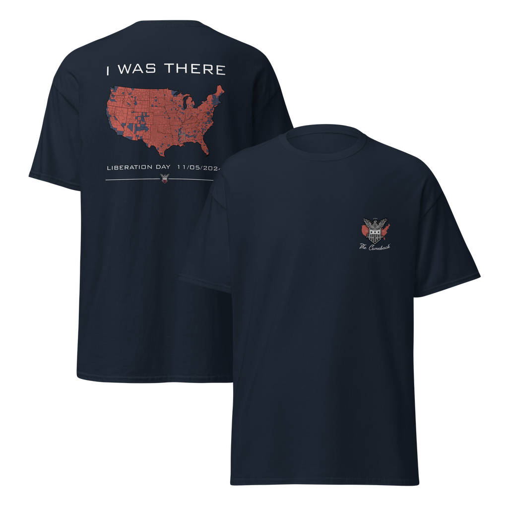 Two navy t-shirts shown together, one with the I Was There map design and one with the small chest emblem