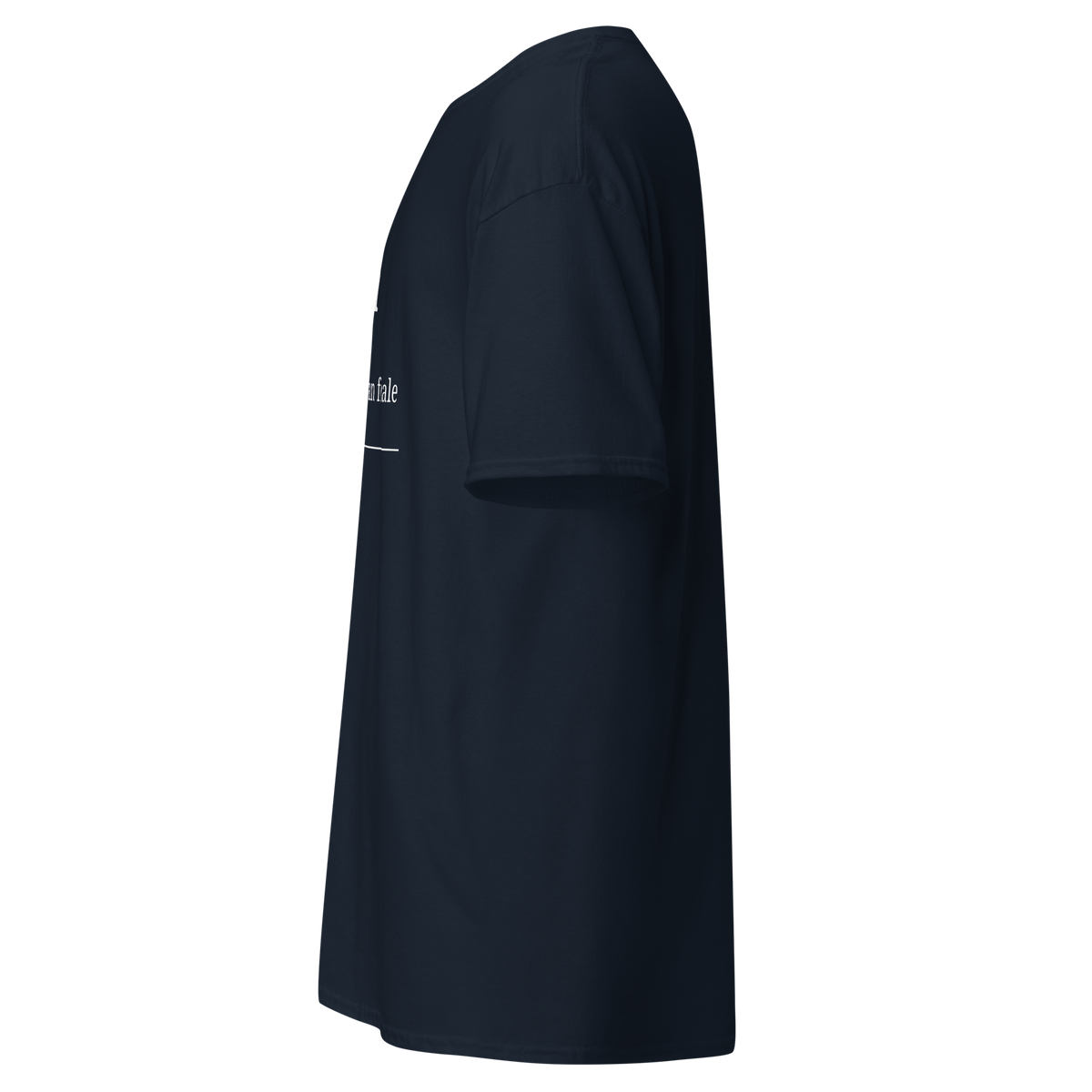 Navy t-shirt shown from the side, showing the sleeve