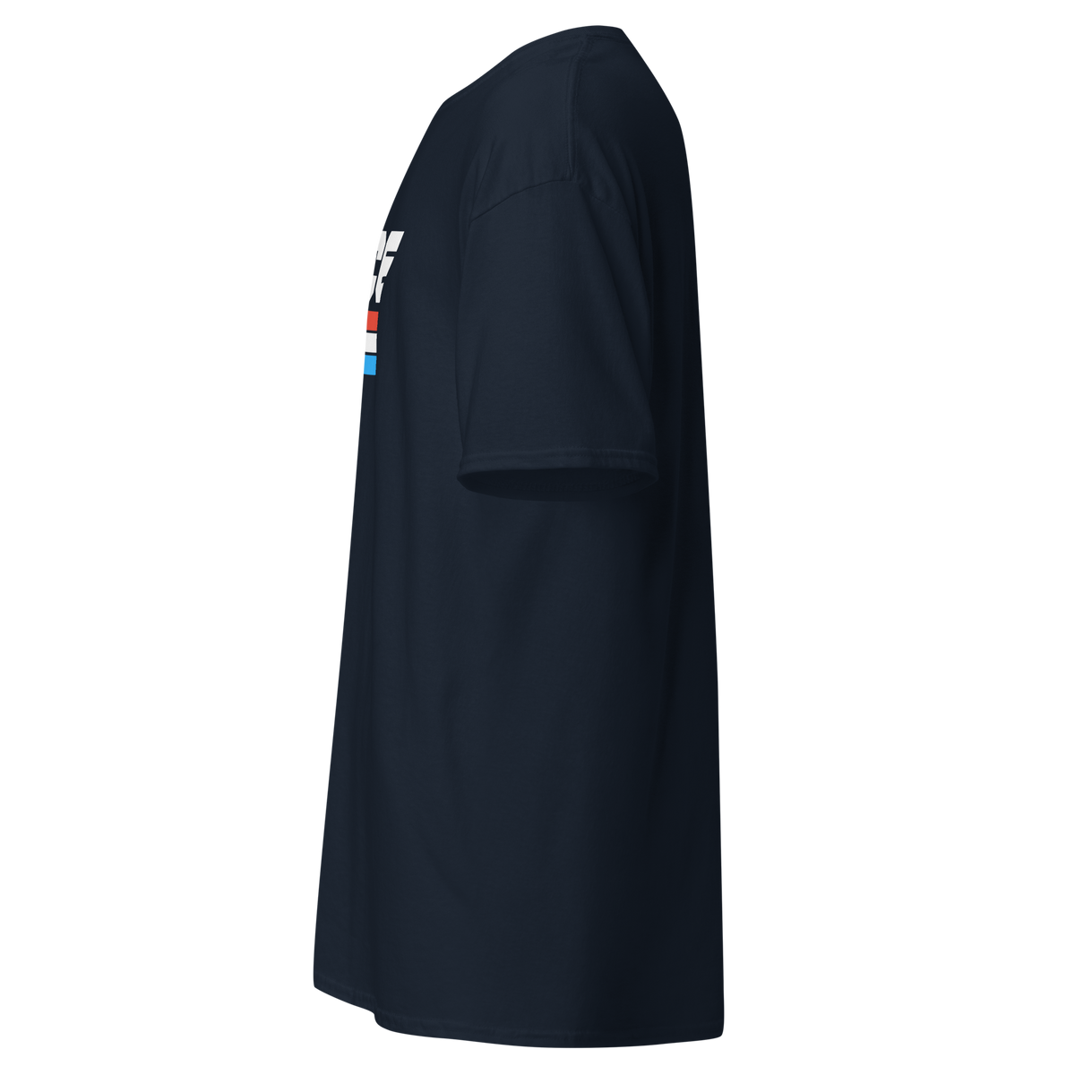 Navy t-shirt shown from the side, showing the sleeve