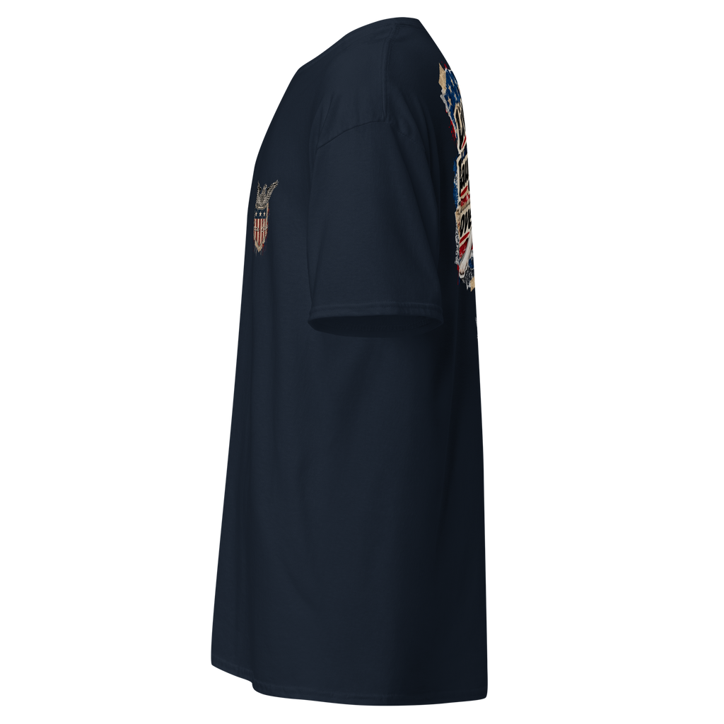 Navy t-shirt shown from the side, showing the printed sleeve
