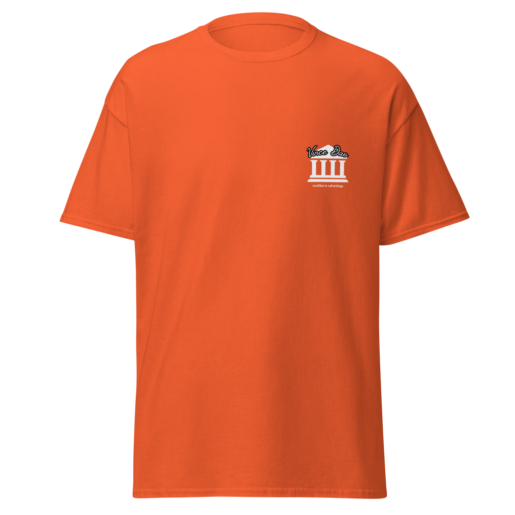 Orange t-shirt with a small white columned building emblem on the left chest