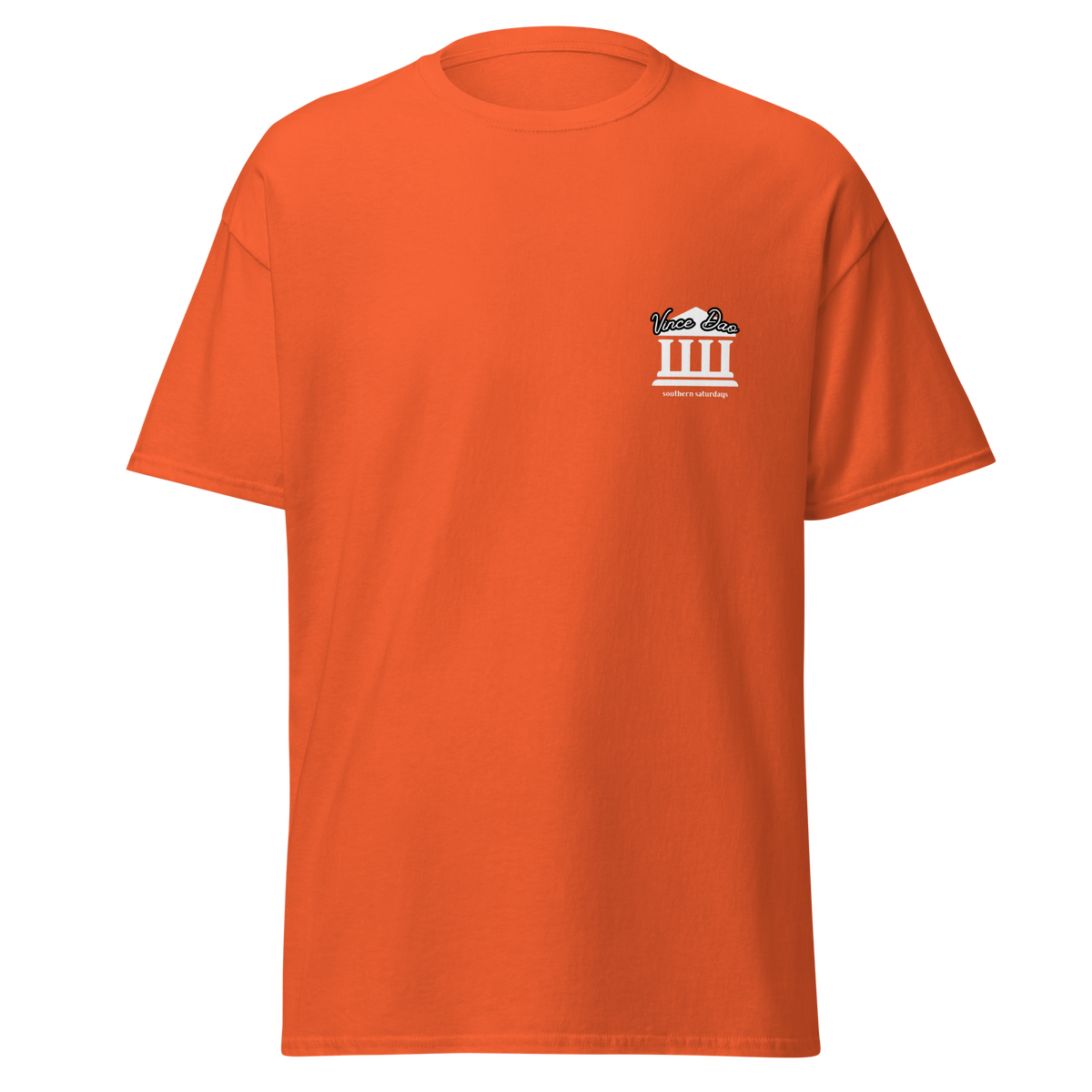 Orange t-shirt with a small white columned building emblem on the left chest