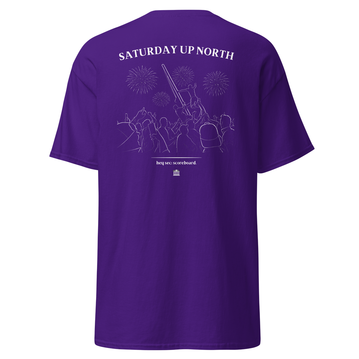 Purple t-shirt with the Saturday Up North stadium crowd and fireworks design