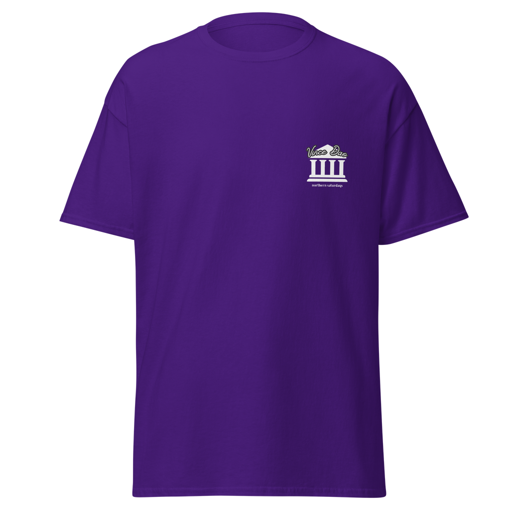 Purple t-shirt with a small white columned building emblem on the left chest