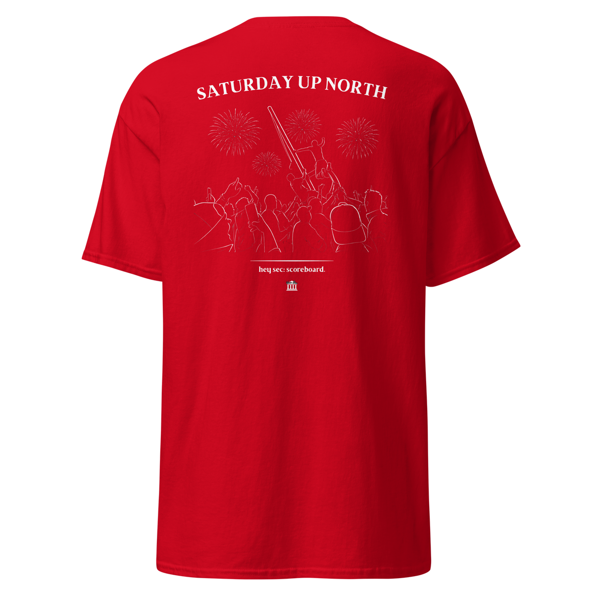 Red t-shirt with the Saturday Up North stadium crowd and fireworks design