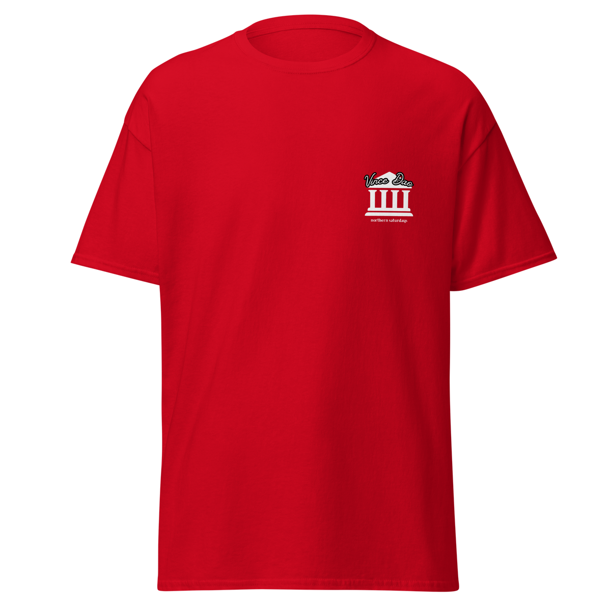 Red t-shirt with a small white columned building emblem on the left chest