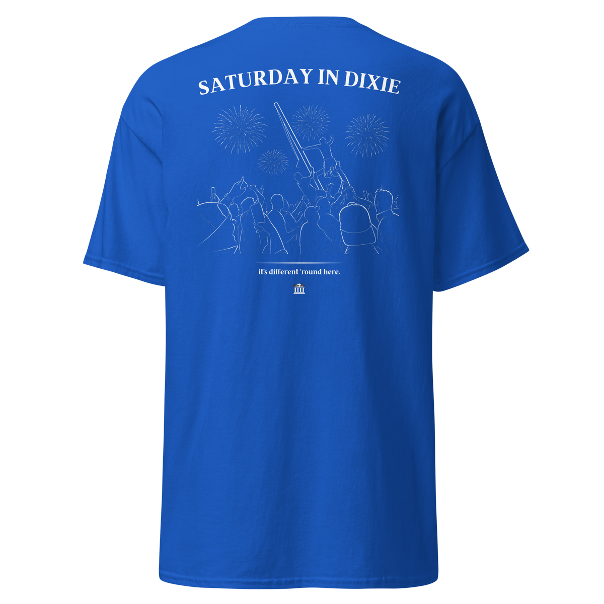 Royal blue t-shirt with the Saturday in Dixie stadium crowd and fireworks design