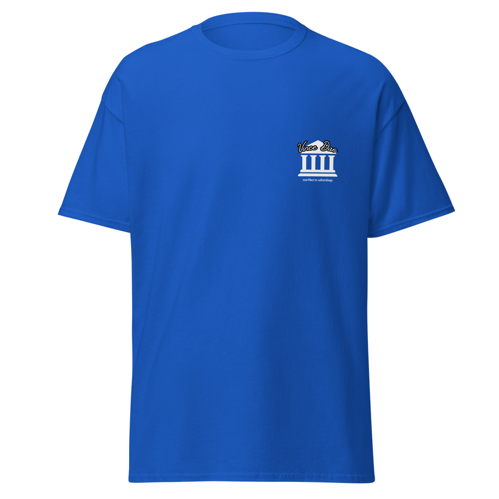 Royal blue t-shirt with a small white columned building emblem on the left chest