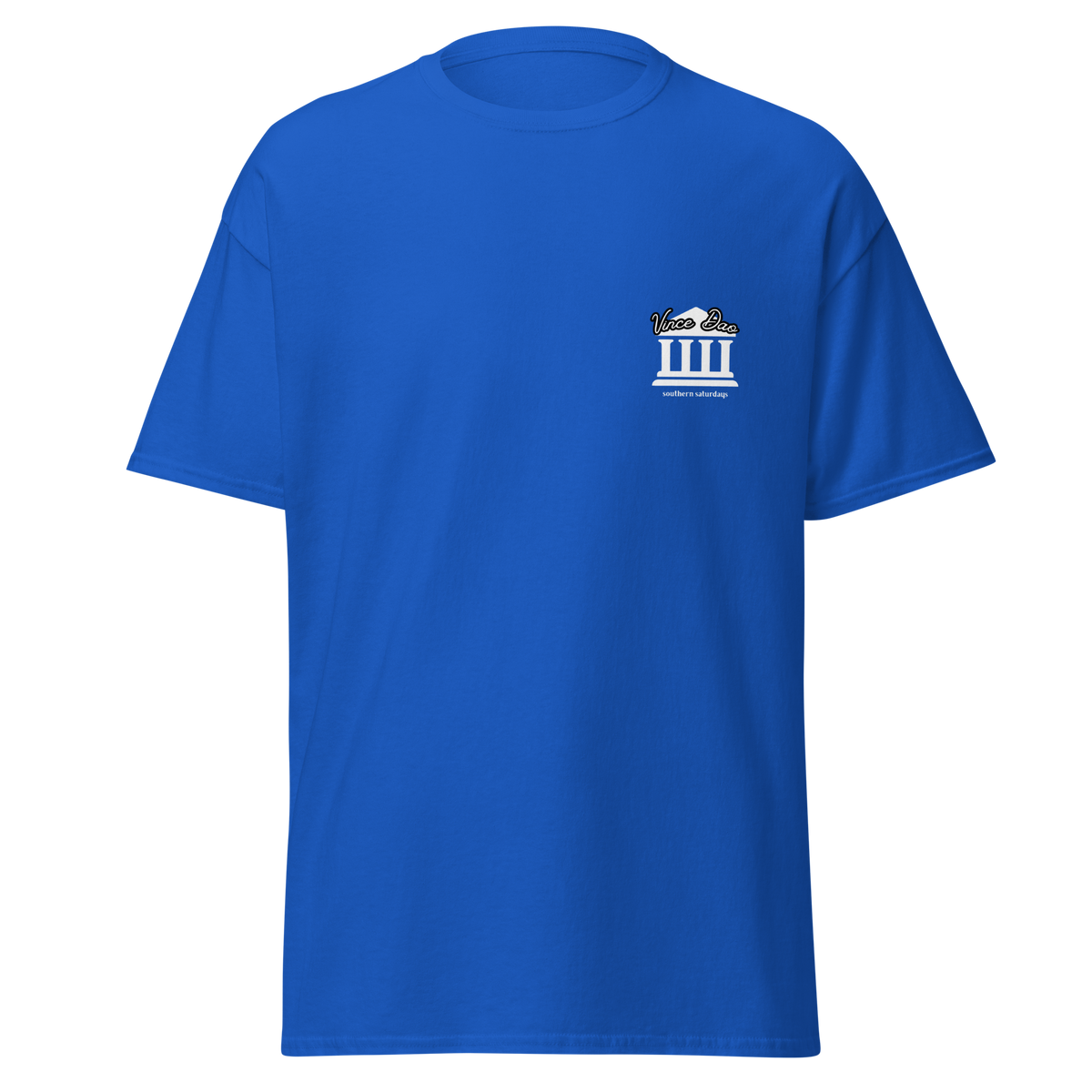 Royal blue t-shirt with a small white columned building emblem on the left chest