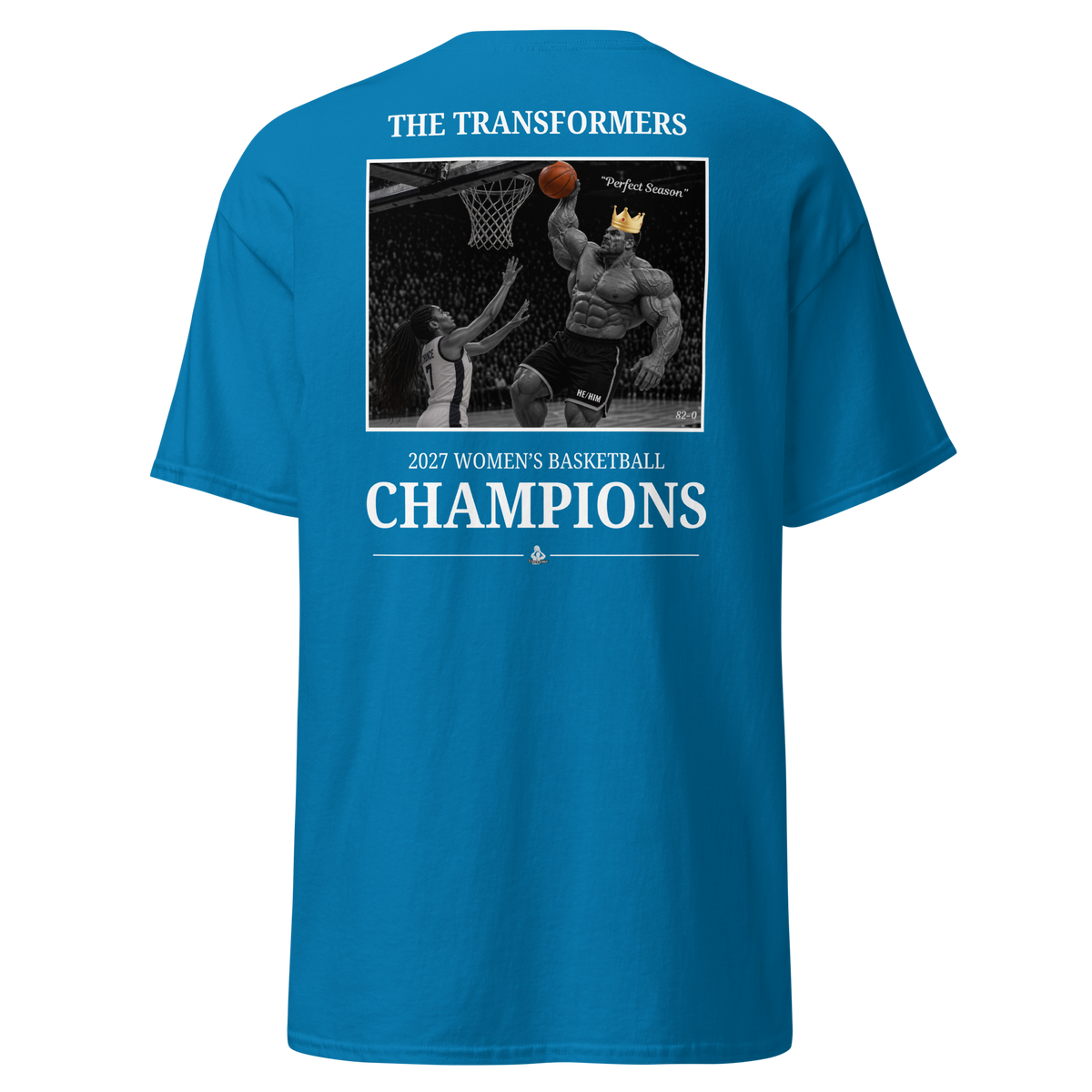 Blue t-shirt with The Transformers 2027 Women's Basketball Champions photo design