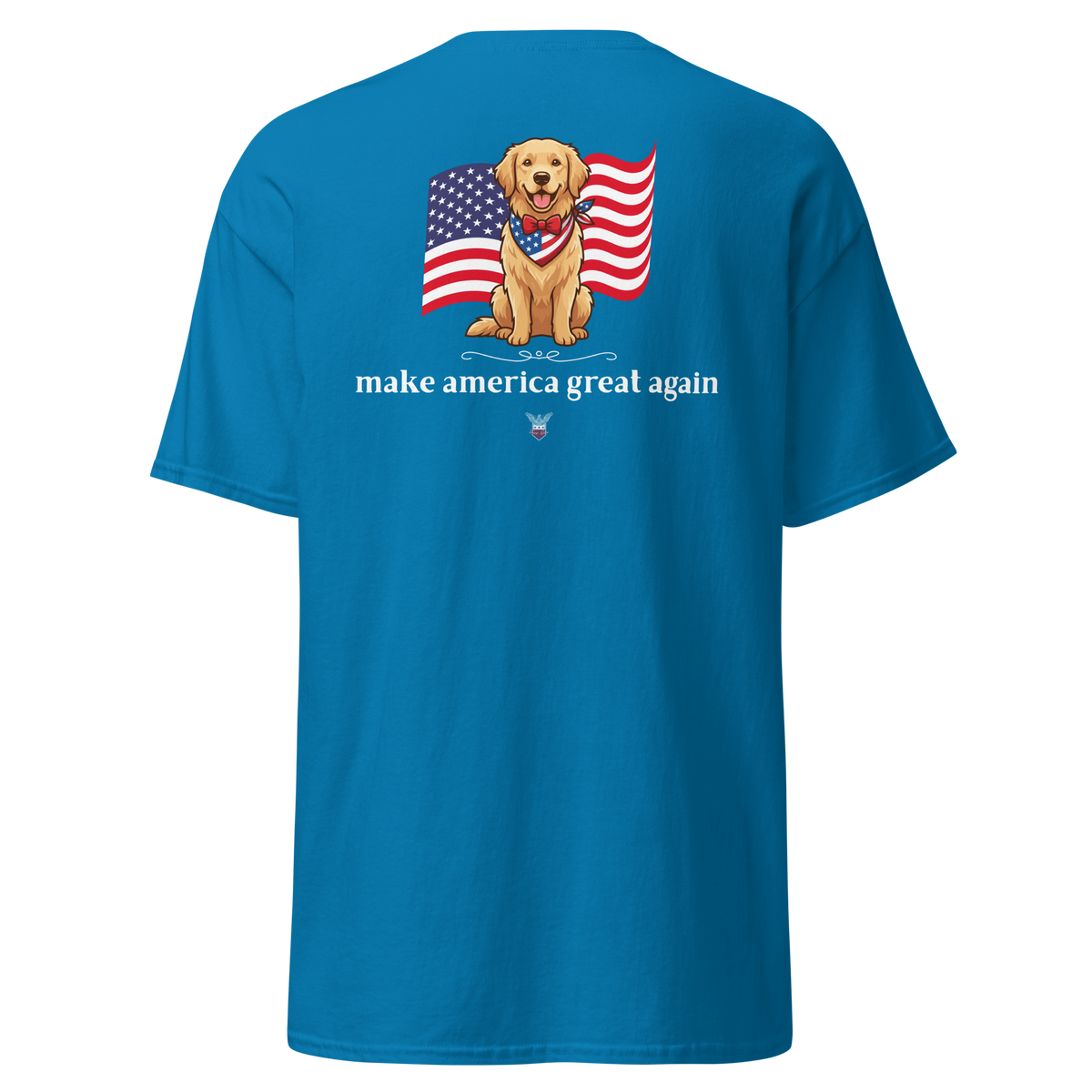 Blue t-shirt with a golden retriever holding an American flag above the words make america great again