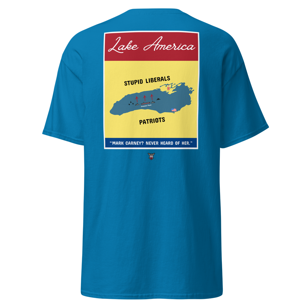 Blue t-shirt with the Lake America retro poster artwork and a yellow map of the lake