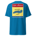 Blue t-shirt with the Lake America retro poster artwork and a yellow map of the lake