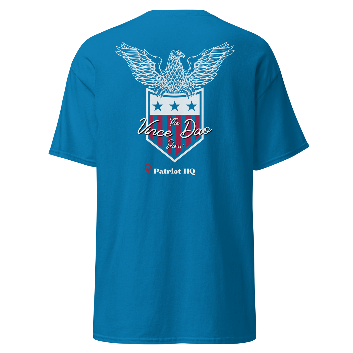 Blue t-shirt with the Vince Dao eagle and shield crest above the words Patriot HQ