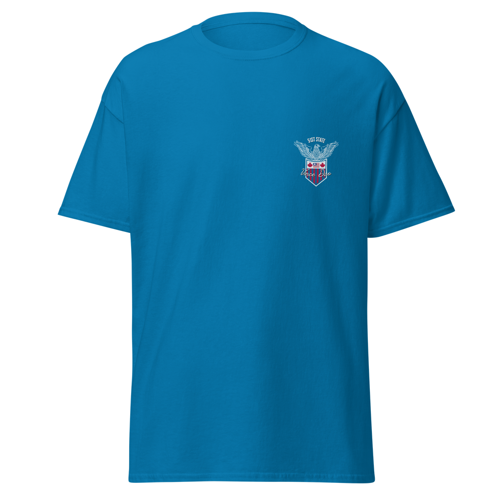 Blue t-shirt with a small red and white shield crest on the left chest