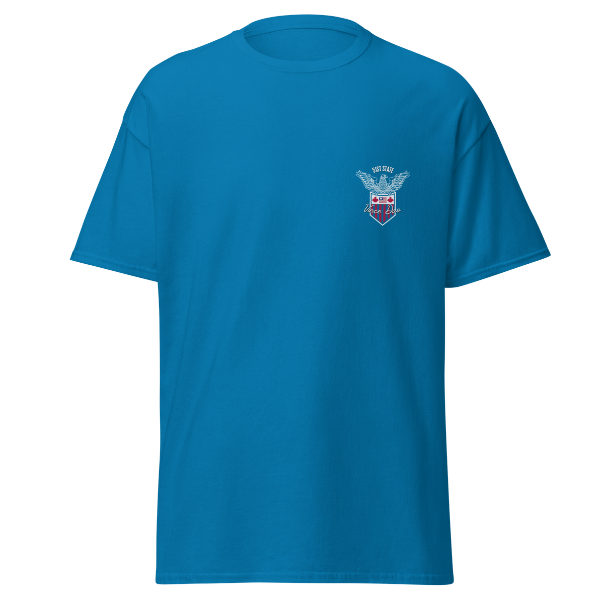 Blue t-shirt with a small red and white shield crest on the left chest