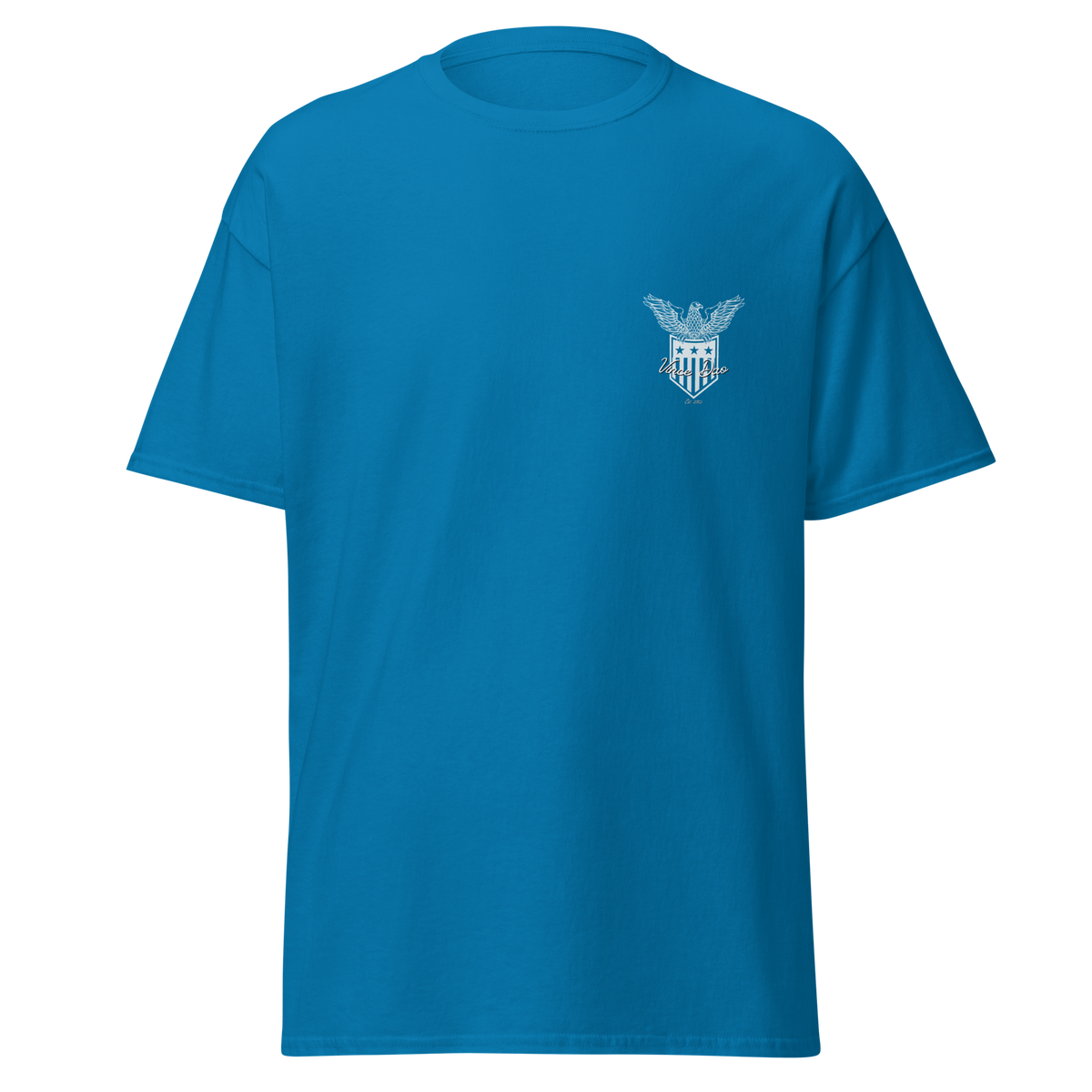 Blue t-shirt with a small Vince Dao shield crest on the left chest