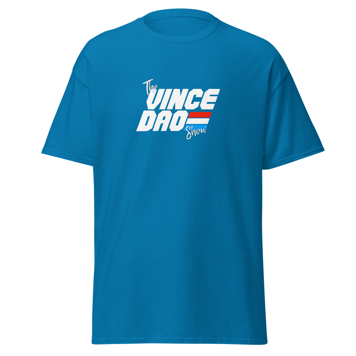 Blue t-shirt with the Vince Dao Show logo in white with red and blue bars