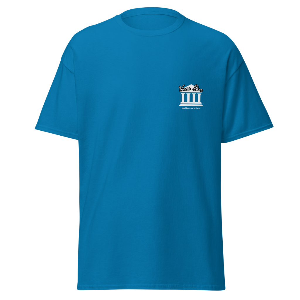 Teal t-shirt with a small white columned building emblem on the left chest