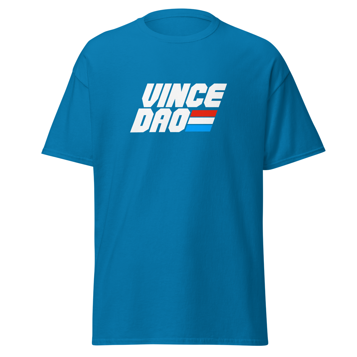 Blue t-shirt with the bold Vince Dao block logo in white with red and blue bars
