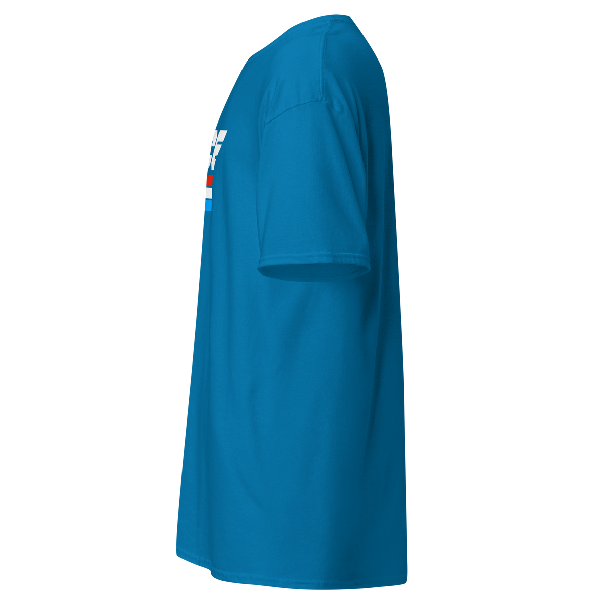 Blue t-shirt shown from the side, showing the sleeve