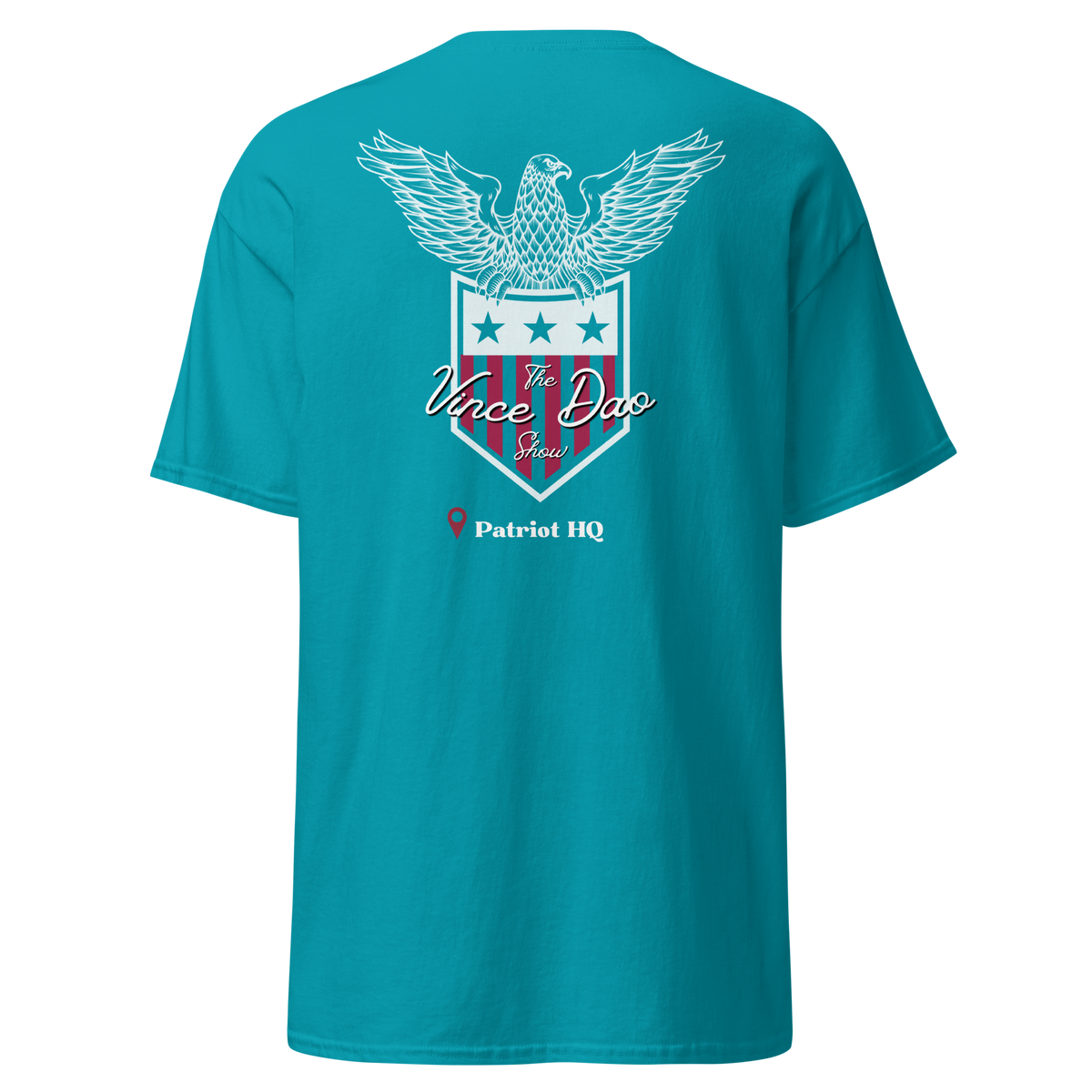 Teal t-shirt with the Vince Dao eagle and shield crest above the words Patriot HQ