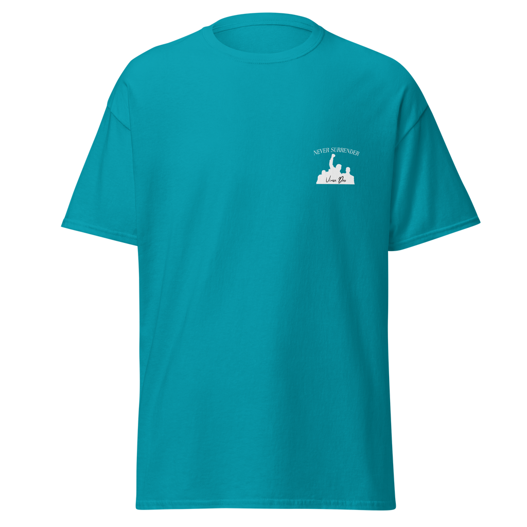 Teal t-shirt with a small white fist-and-podium emblem on the left chest