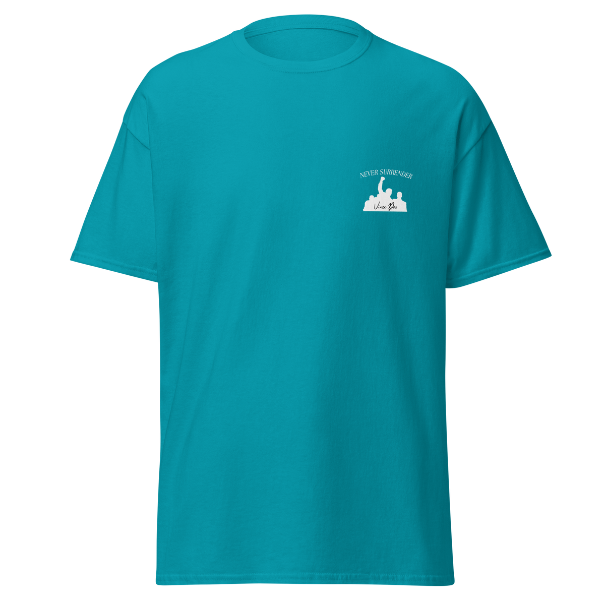 Teal t-shirt with a small white fist-and-podium emblem on the left chest
