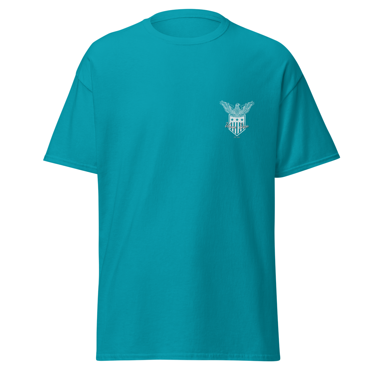 Teal t-shirt with a small Vince Dao shield crest on the left chest