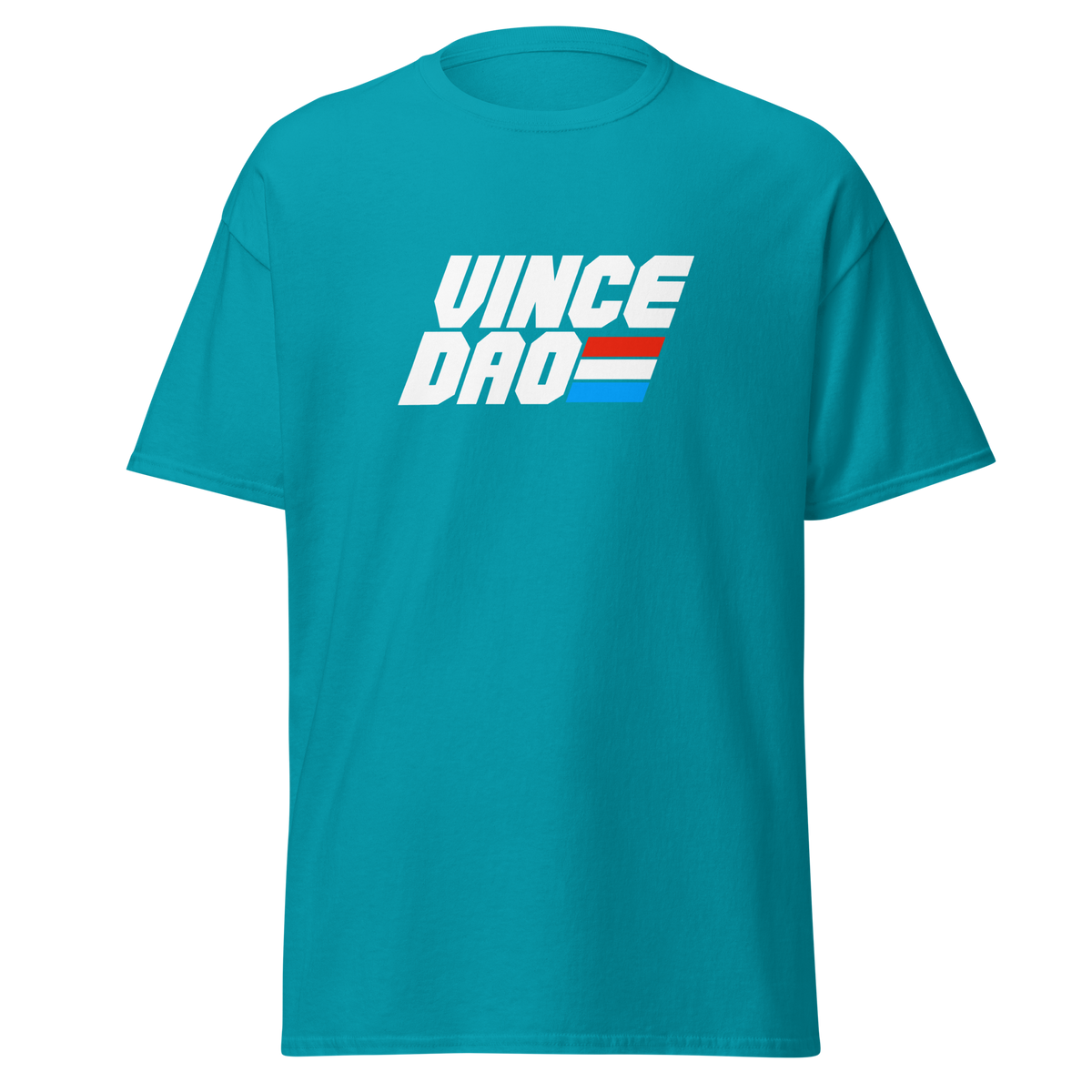 Teal t-shirt with the bold Vince Dao block logo in white with red and blue bars