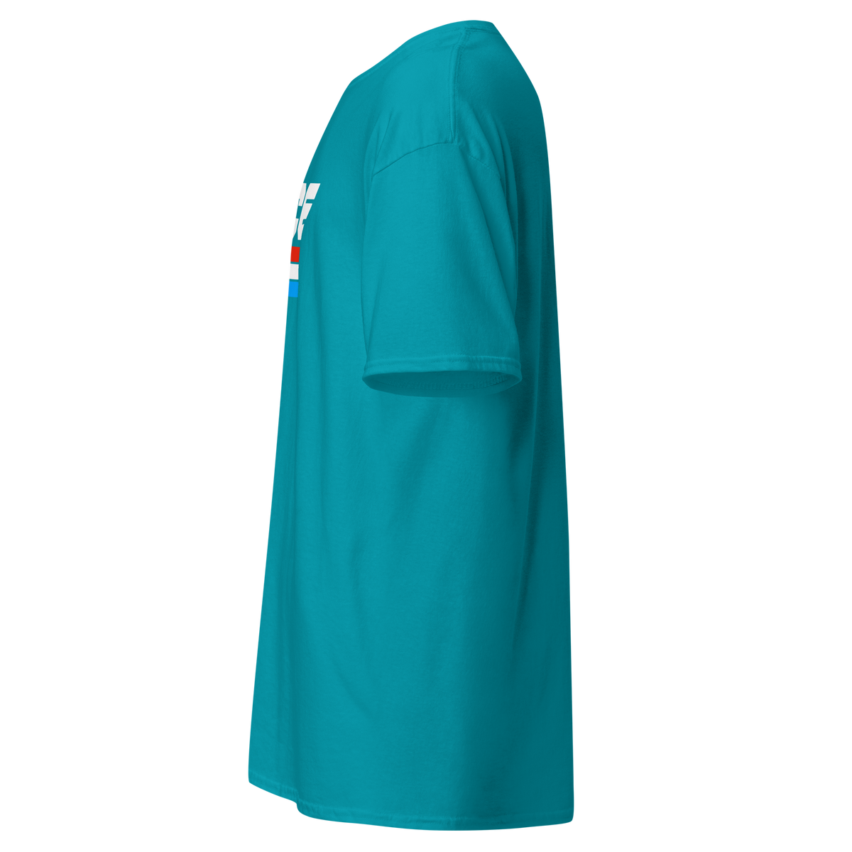 Teal t-shirt shown from the side, showing the sleeve