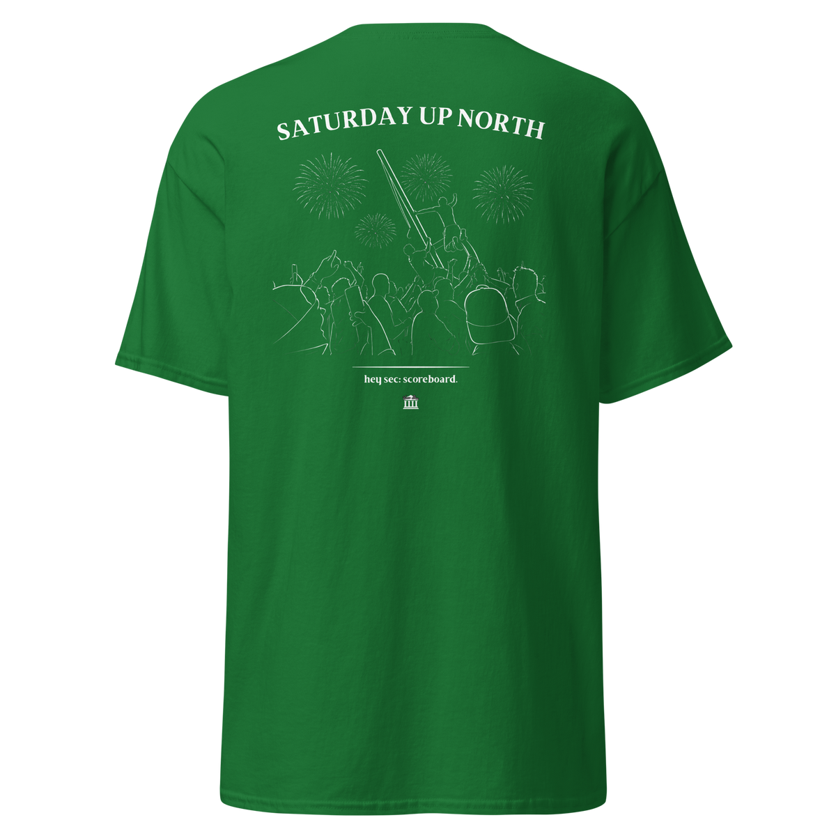 Kelly green t-shirt with the Saturday Up North stadium crowd and fireworks design