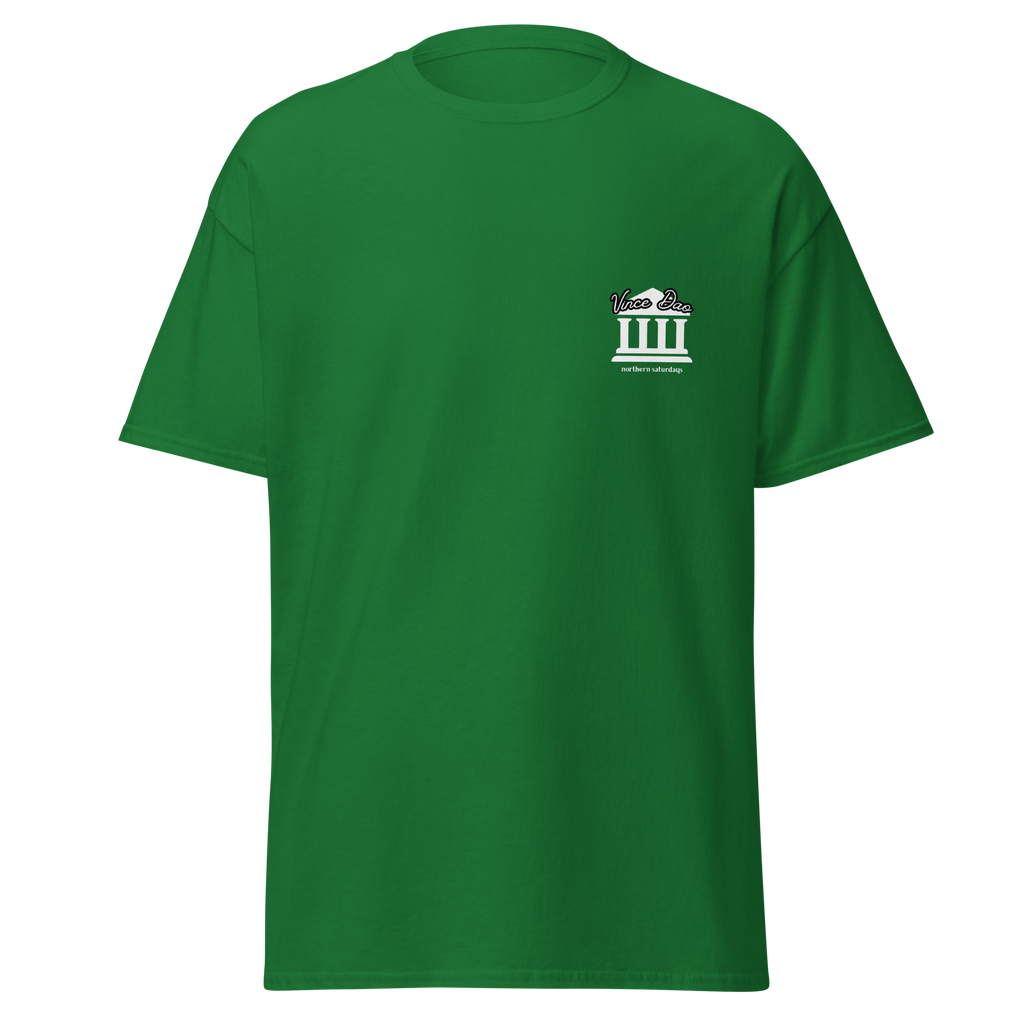 Kelly green t-shirt with a small white columned building emblem on the left chest