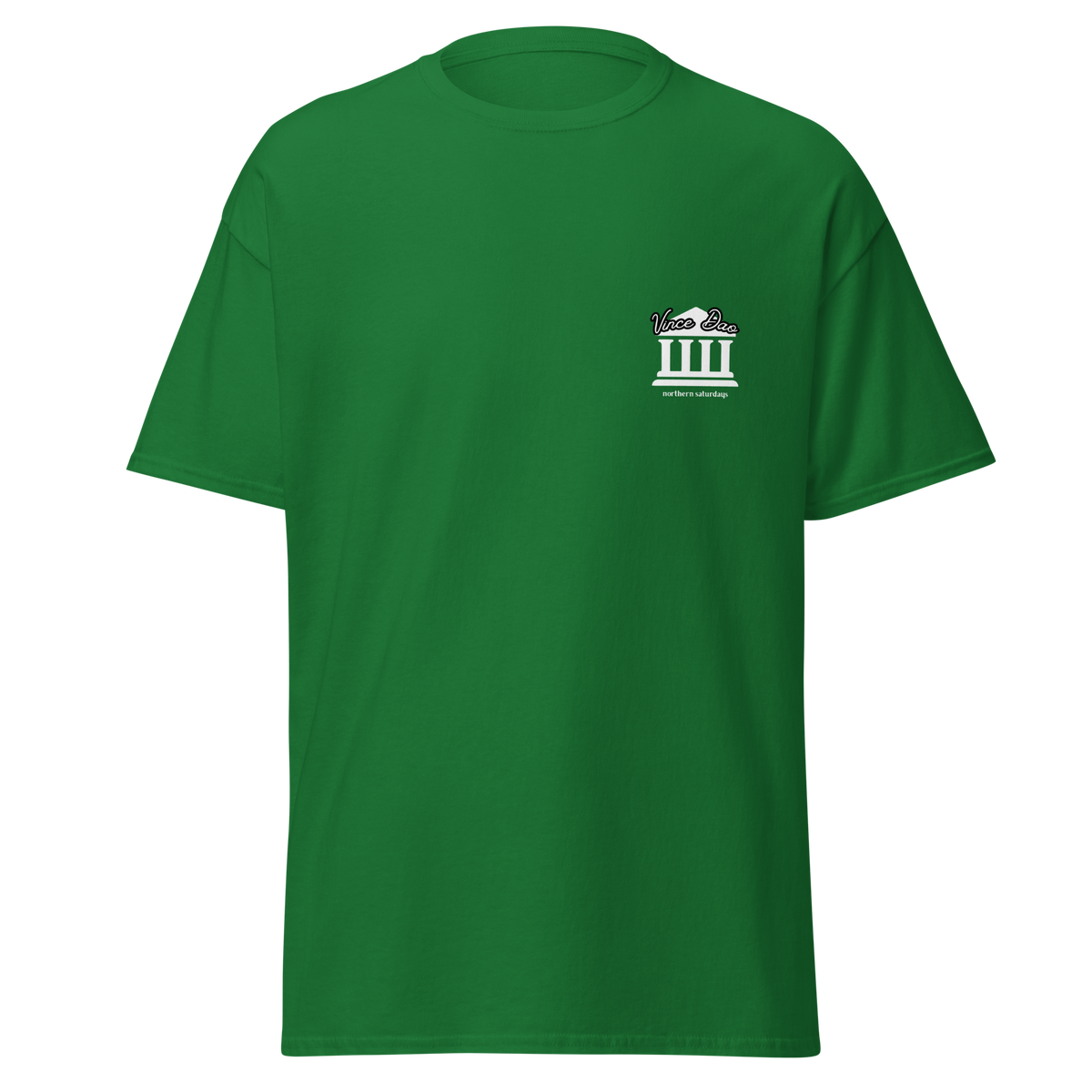 Kelly green t-shirt with a small white columned building emblem on the left chest