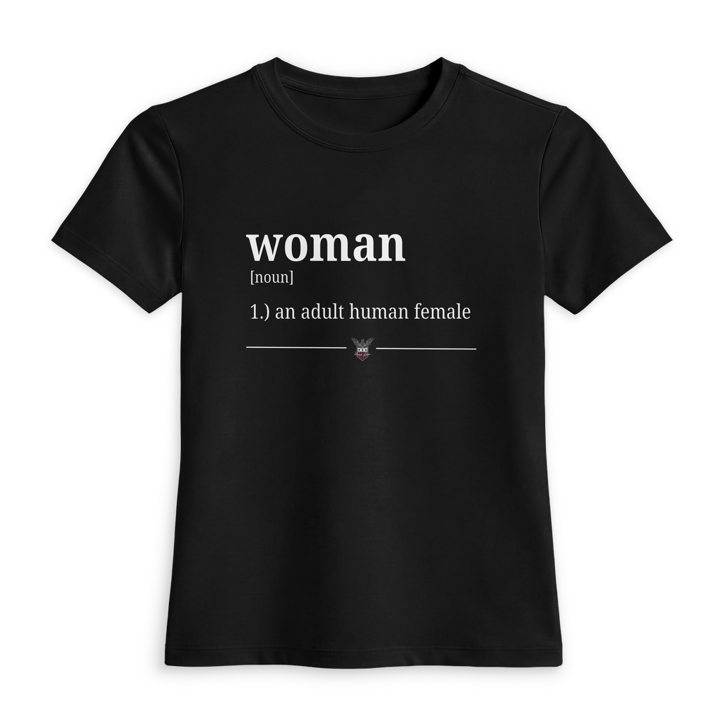 Black fitted t-shirt printed with the dictionary definition of woman, an adult human female