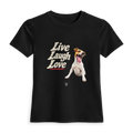 Black fitted t-shirt with the Live Laugh Love design and a laughing dog