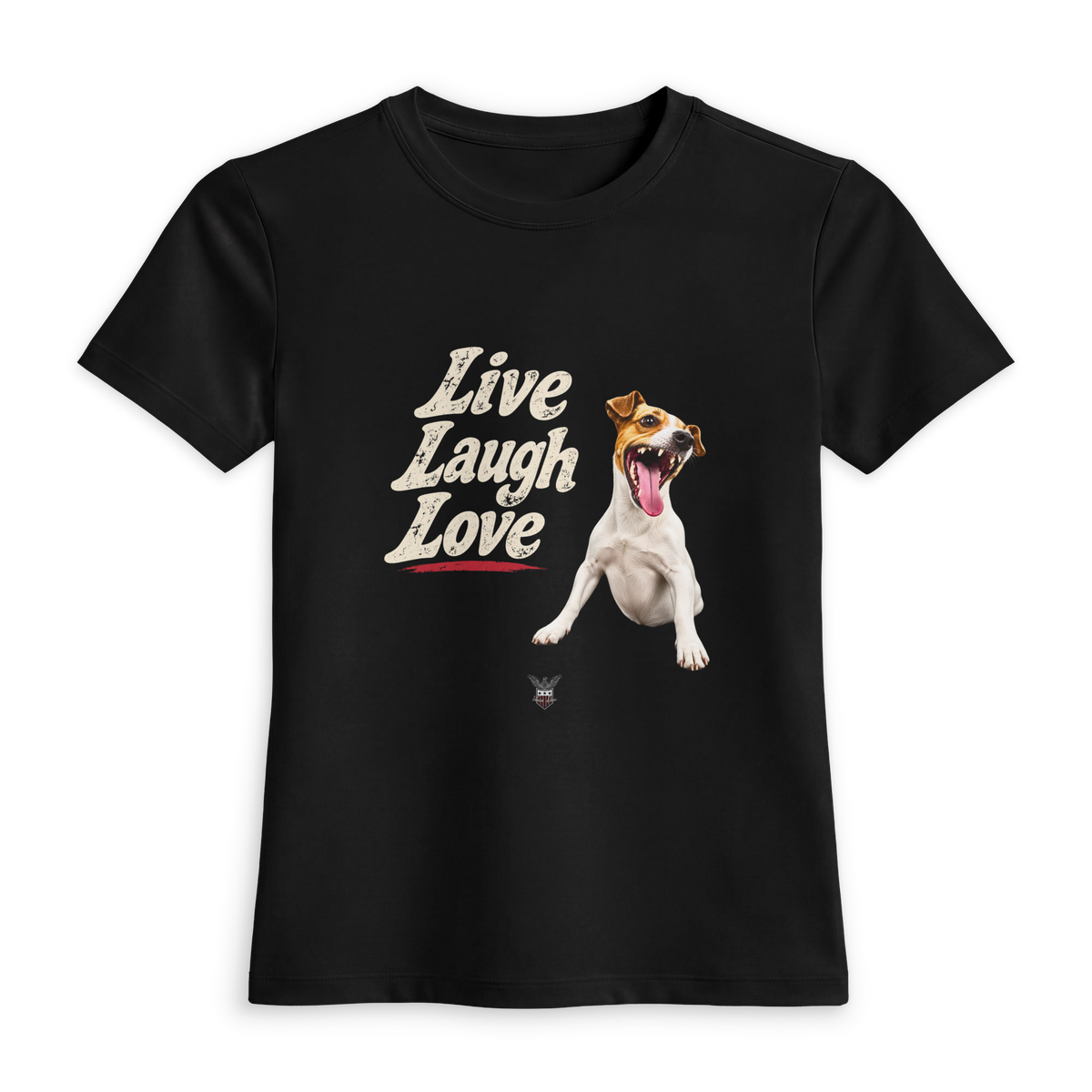 Black fitted t-shirt with the Live Laugh Love design and a laughing dog