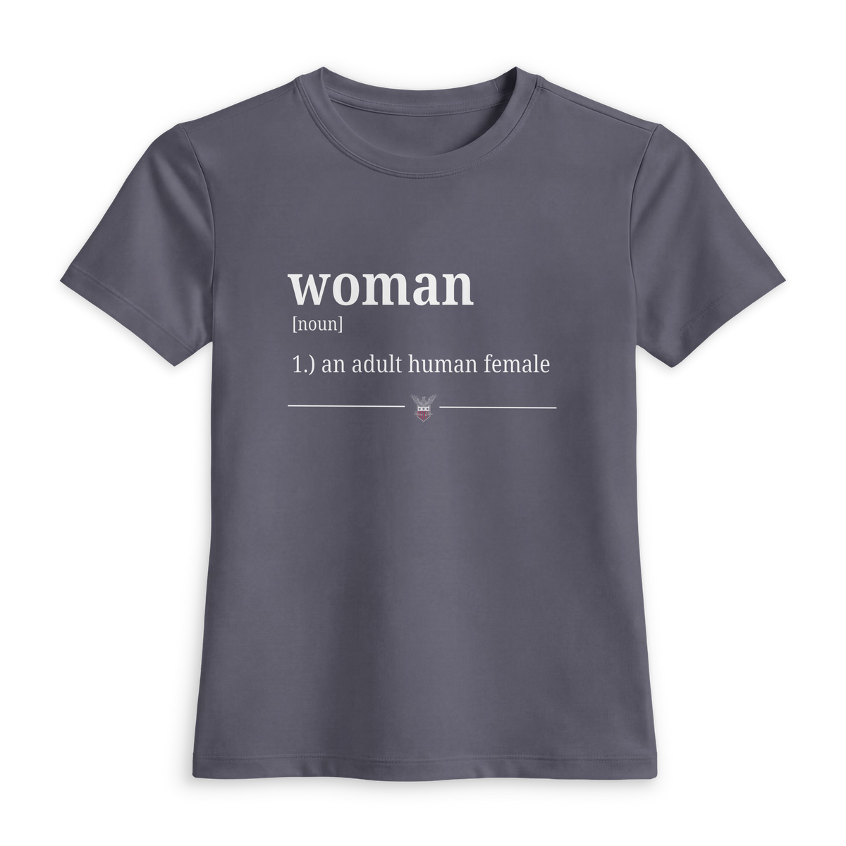 Lavender fitted t-shirt printed with the dictionary definition of woman, an adult human female